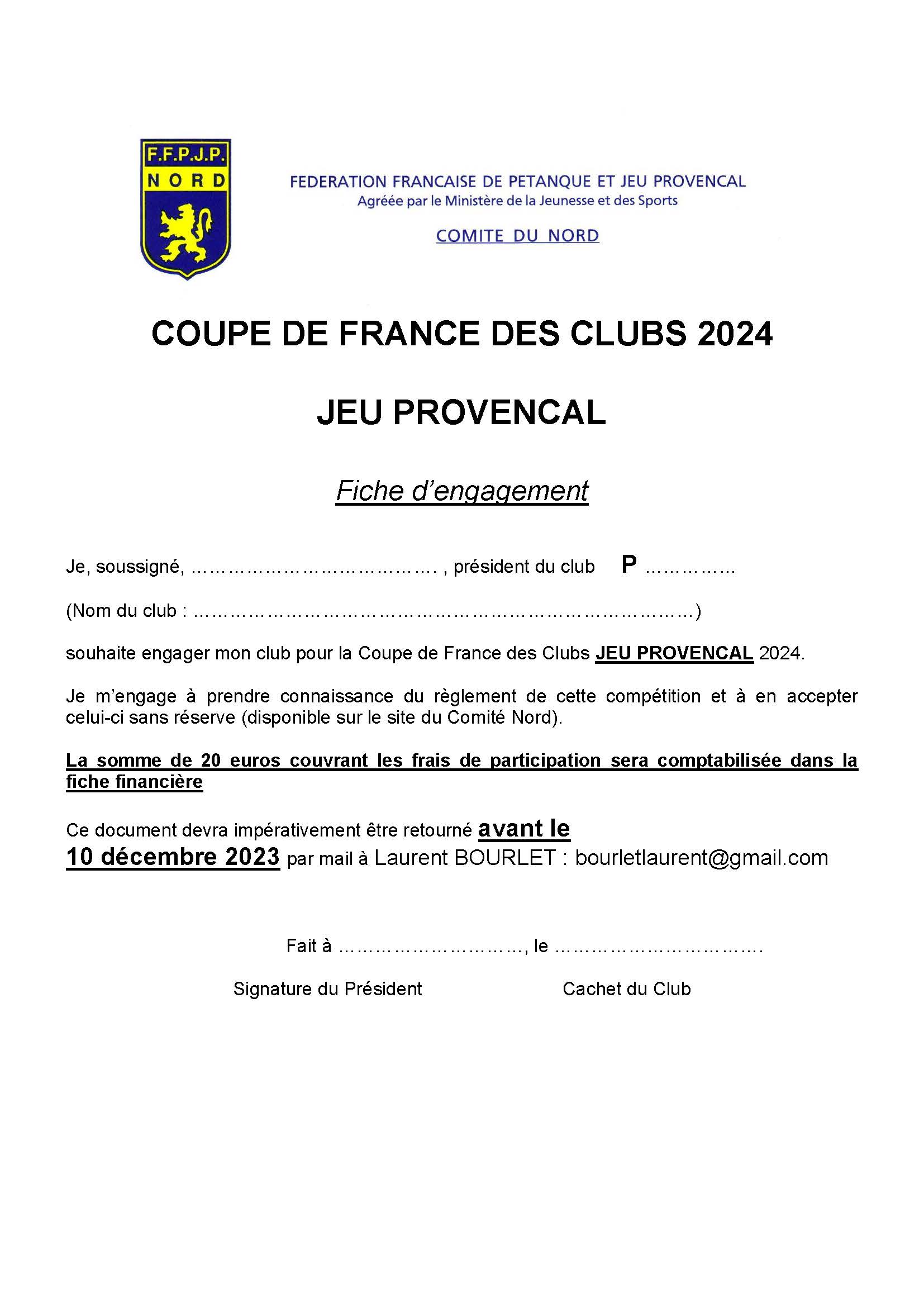 Fiche inscription coupe de france JEU PROVENCAL 2024