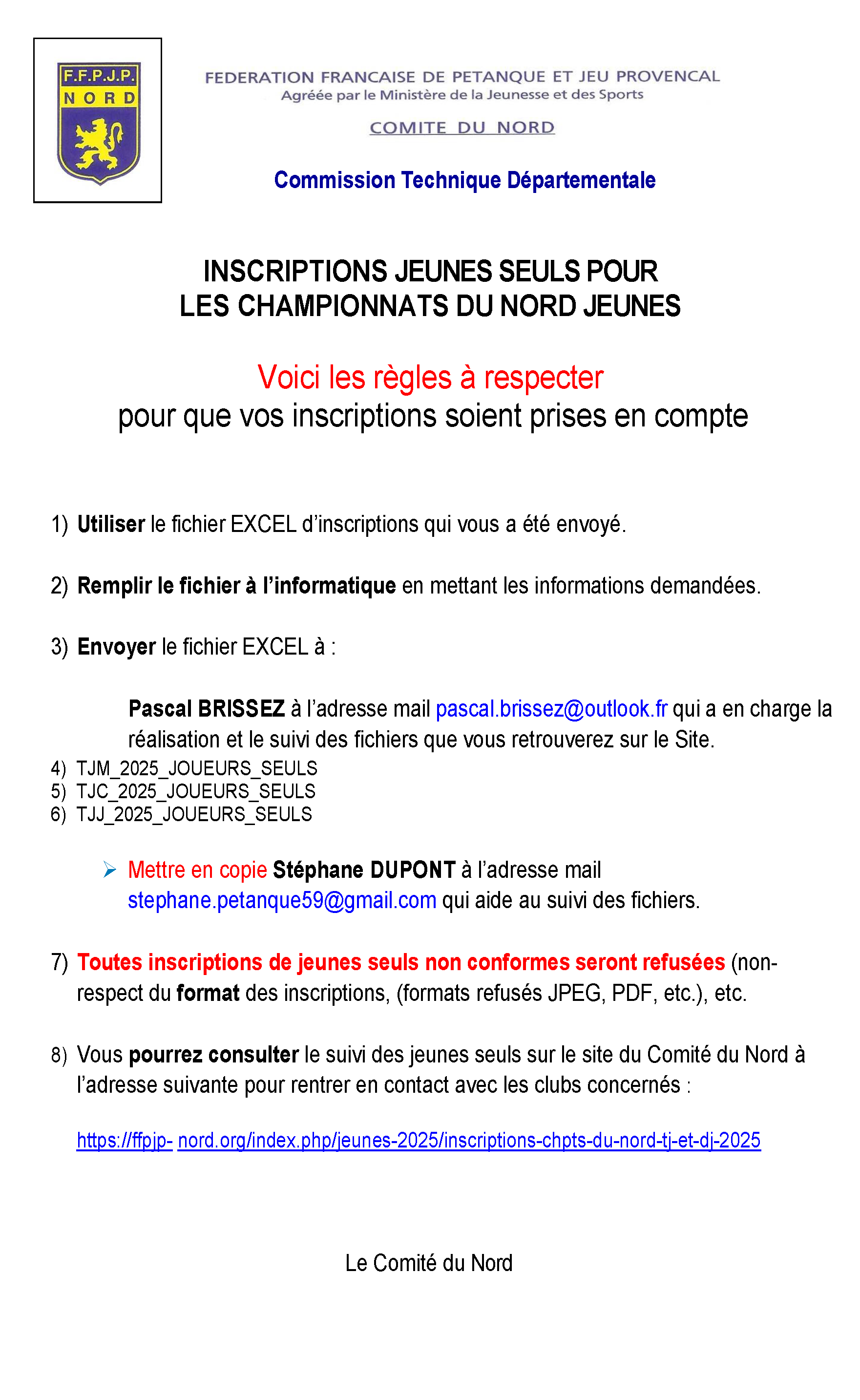 2025   Note INFOS inscriptions chpts Nord jeunes