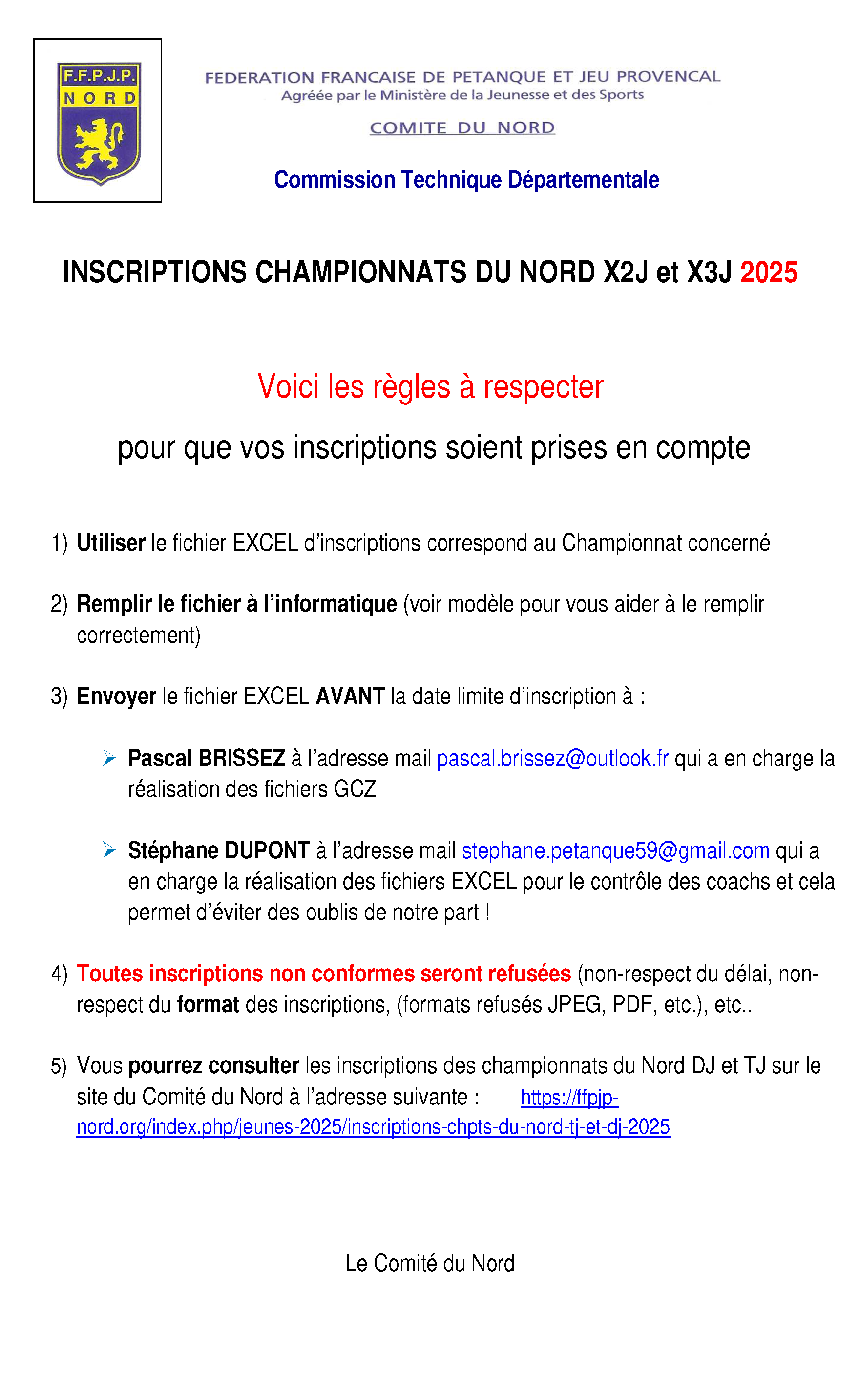 2025   Note INFOS inscriptions chpts Nord jeunes