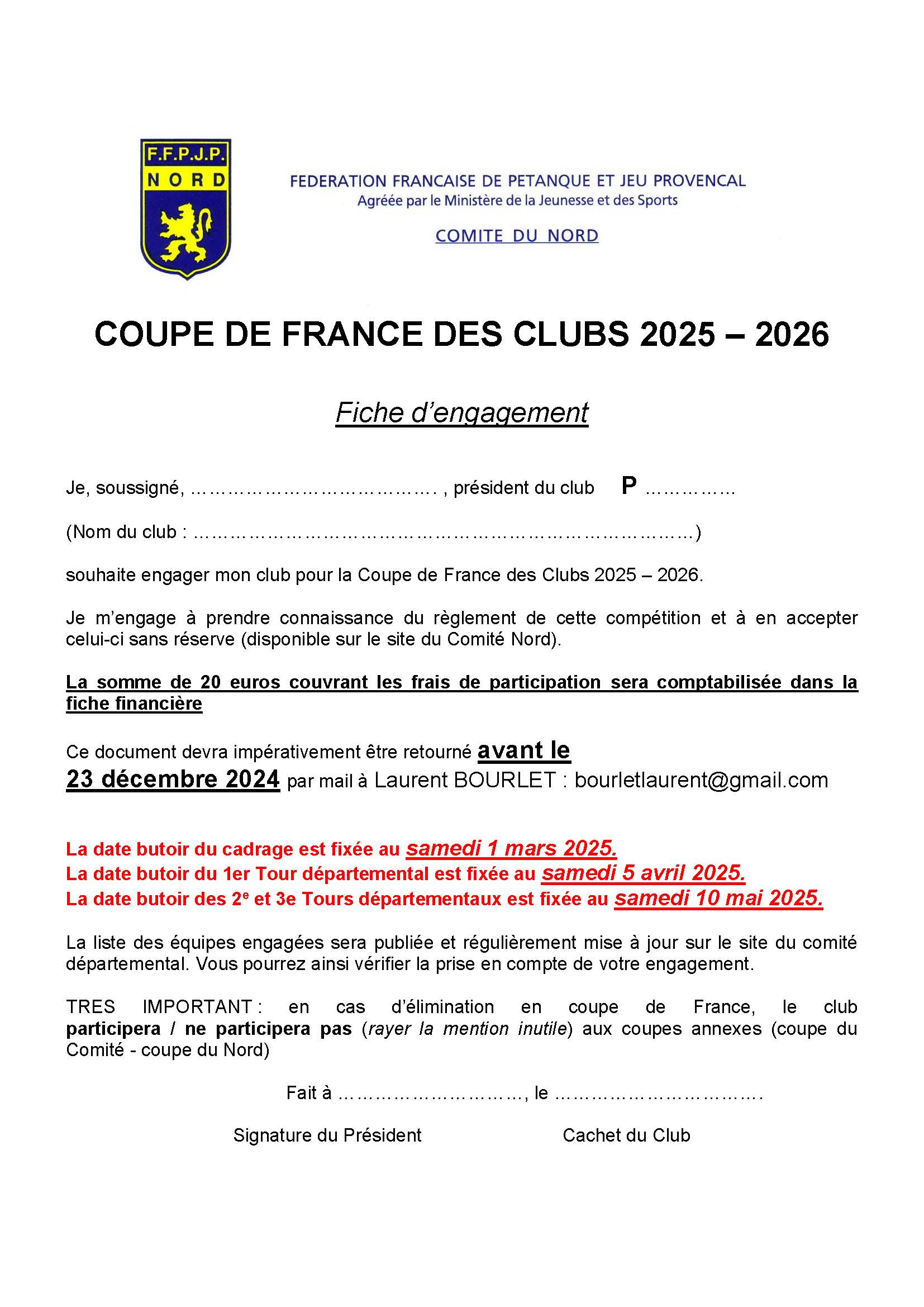 Fiche inscription coupe de france 2025   2026