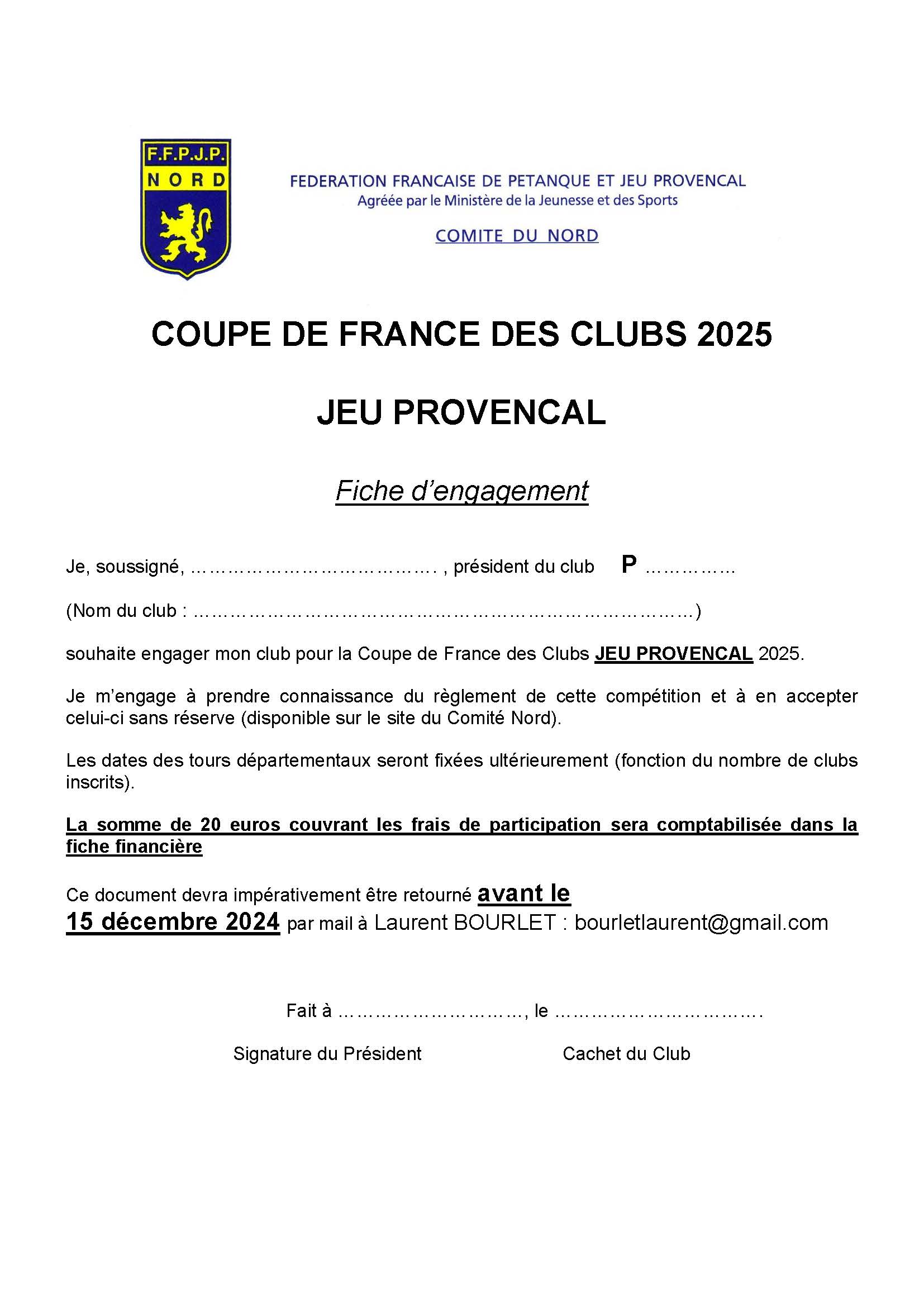 Fiche inscription coupe de france JEU PROVENCAL 2025