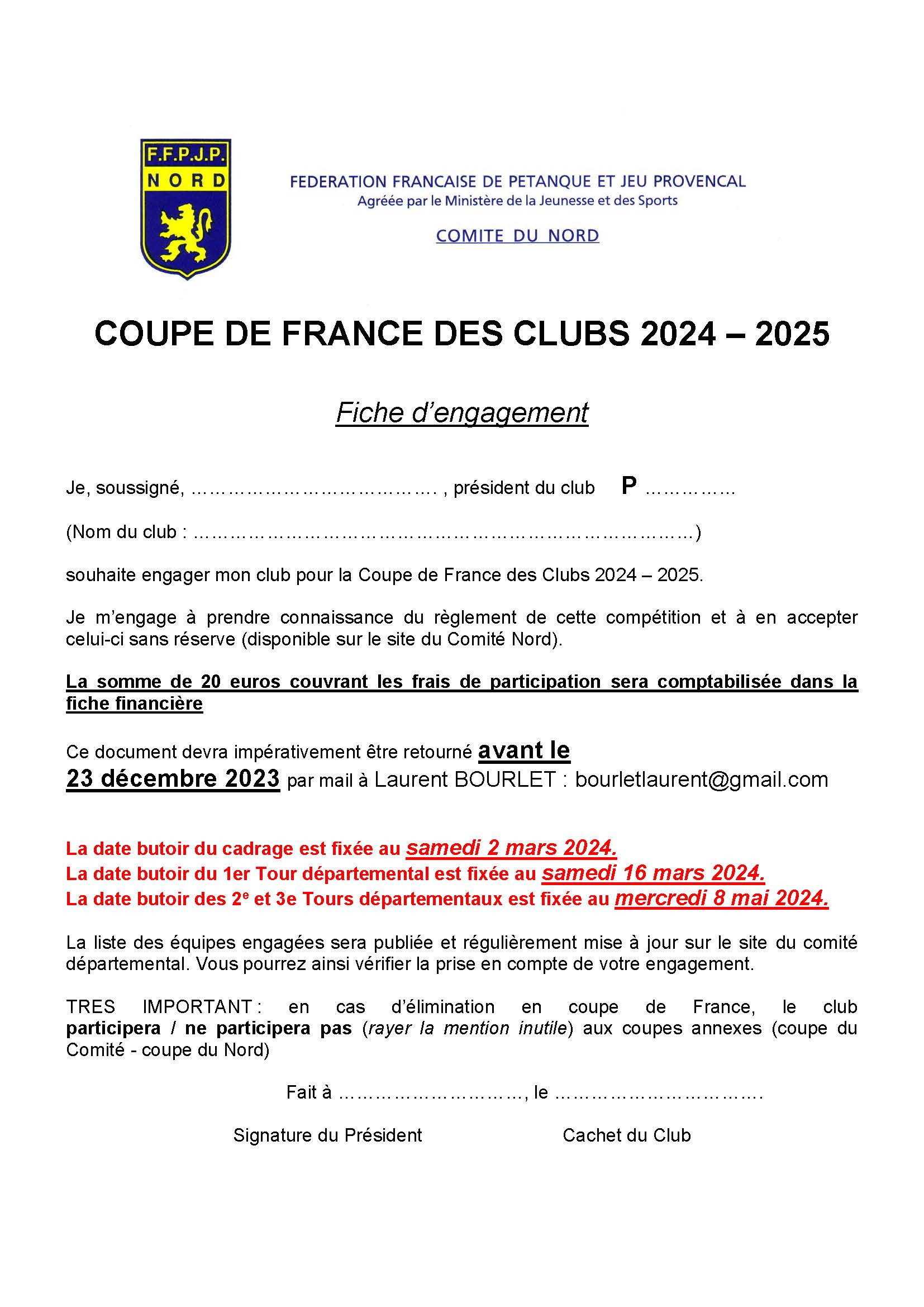 Fiche inscription coupe de france 2024   2025